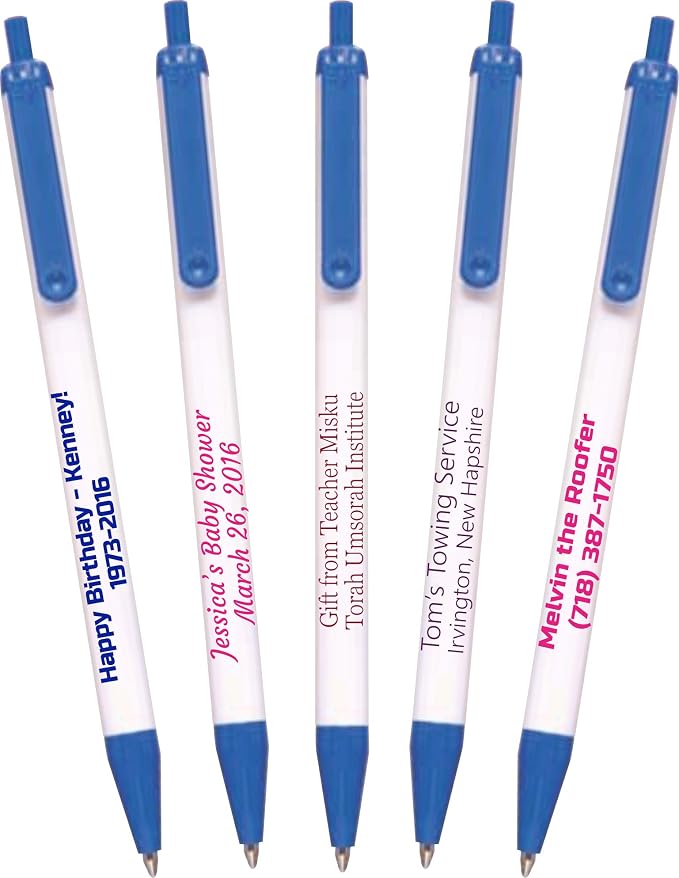 911PENS USA Made, Personalized Writing Ink Ballpoint Novelty Pens, Custom Printed with Your Logo & Text (Pack of 100 White Pens with Medium Blue Trim)