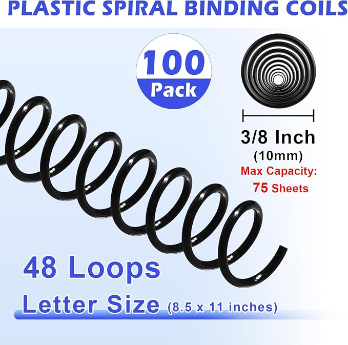 TOTiyea 100 Pack Spiral Binding Coils,10mm,4:1 Pitch 75 Sheet Capacity | Spiral binding coils,Black,can be used with letter size (8.5x11") or A4 size paper (8.3x11.7"),bound projects can lay flat