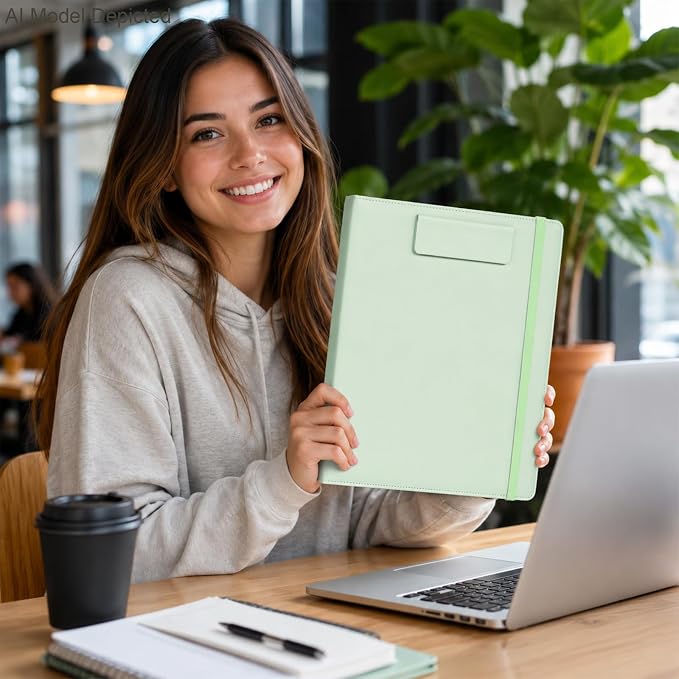 Leathario 1 Inch 3 Ring Binder with Clipboard Storage Vegan Leather | Includes 10 Clear Divider Pockets, 4 Envelope Pockets, 1 Pen Bag and 1 Pen, Suitable for A4/8.5x11 Paper, for Students Work