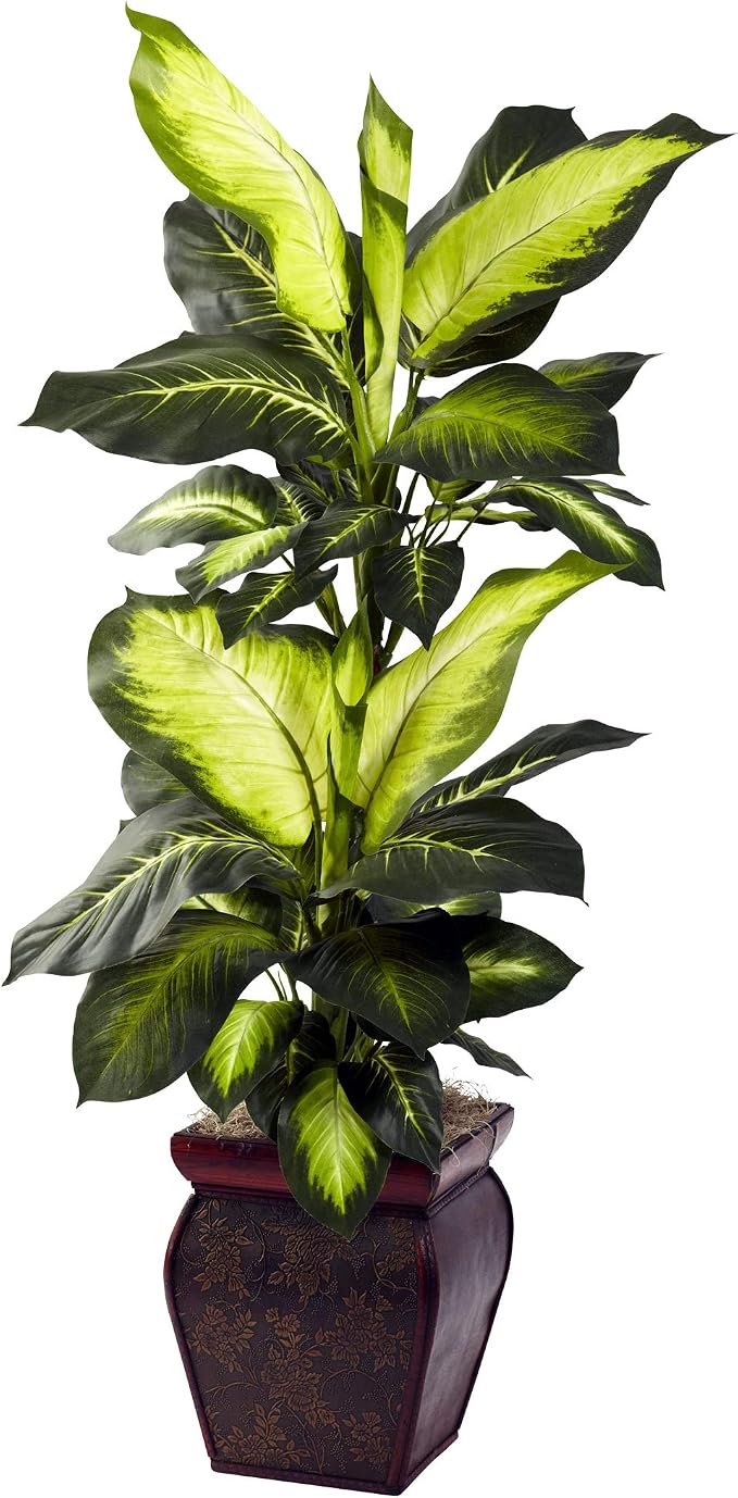 Nearly Natural 45 in Artificial Golden Dieffenbachia with Decorative Pot | Lush Variegated Leaves, Faux Greenery in Decorative Planter, Maintenance-Free Floor Plant, Indoor Home Decor