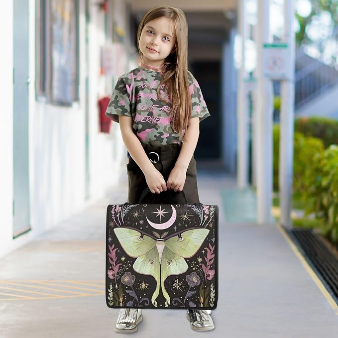3 Ring Zipper Binder with Shoulder Strap Green Luna Moth Flowers Moon Stars 1.5 inch Binders Keeper Large Capacity Multi Pockets for School Office Supplies