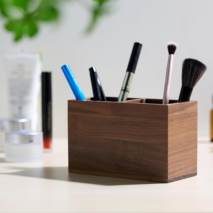 Walnut Pencil Holder (Double Slots) Wood Pen Holder for Desk