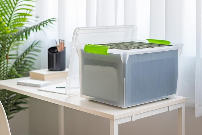 IRIS USA 4-Pack 35 Qt. File Box Organizer with Lid, Clear | Organize classroom documents, lesson plans and teaching materials with secure storage for teachers, schools and educators