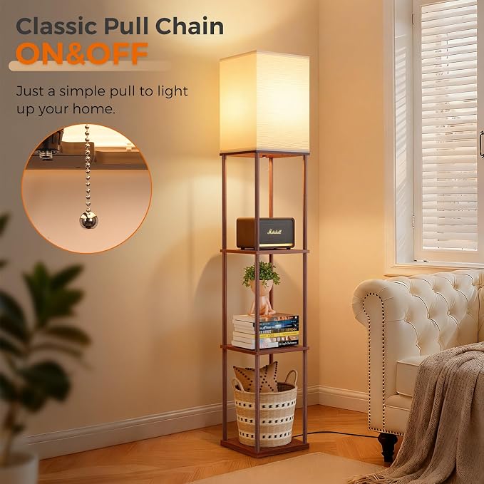 Floor Lamp with Shelves, 3-Tier Modern Square Bookshelf Standing Lamp Brown | 3 Color Temperature Bulb Included, Pull Chain Tall Lamp for Living Room Bedroom Corner Office Apartment Decor