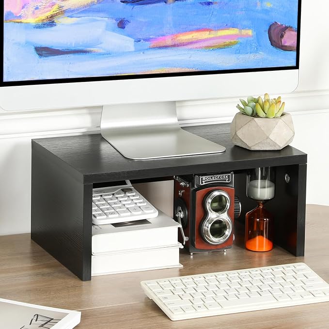 TEAMIX 6.7 inch Tall Monitor Stand Riser, Wood Shelf Riser, Desk Organizer | Laptop/Printer/Computer Stand, Extra Storage Underneath, Minimalist, Modern Design, Smooth Black Finish, for Home Office
