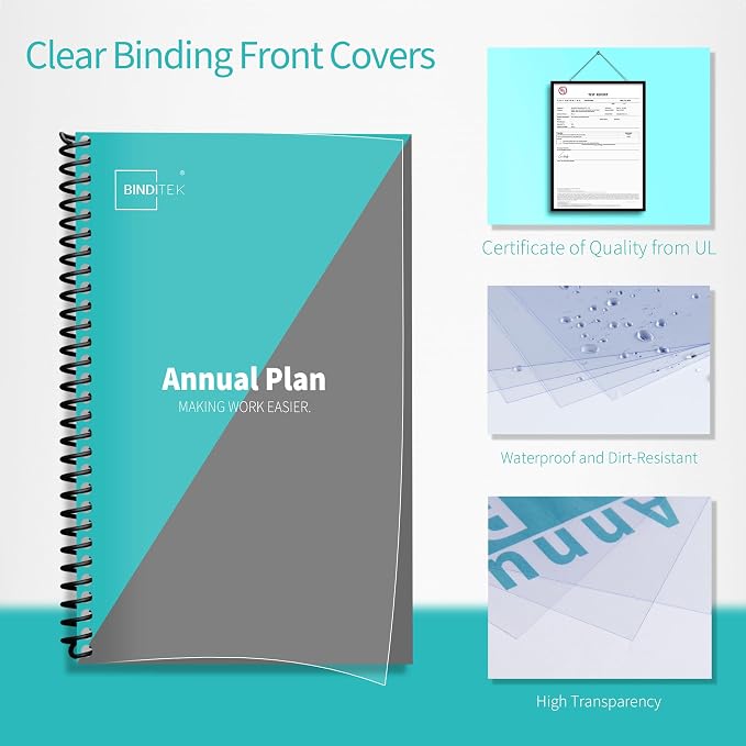 Binditek 100 Pack Binding Covers Set, 5.5x8.5 Inches, 8Mil PVC & 12Mil Poly | Binding Covers Set, 5.5x8.5 Inches Half Letter Size, 8Mil Clear PVC Front, 12Mil Black Poly Back, Square Corners, Unpunched