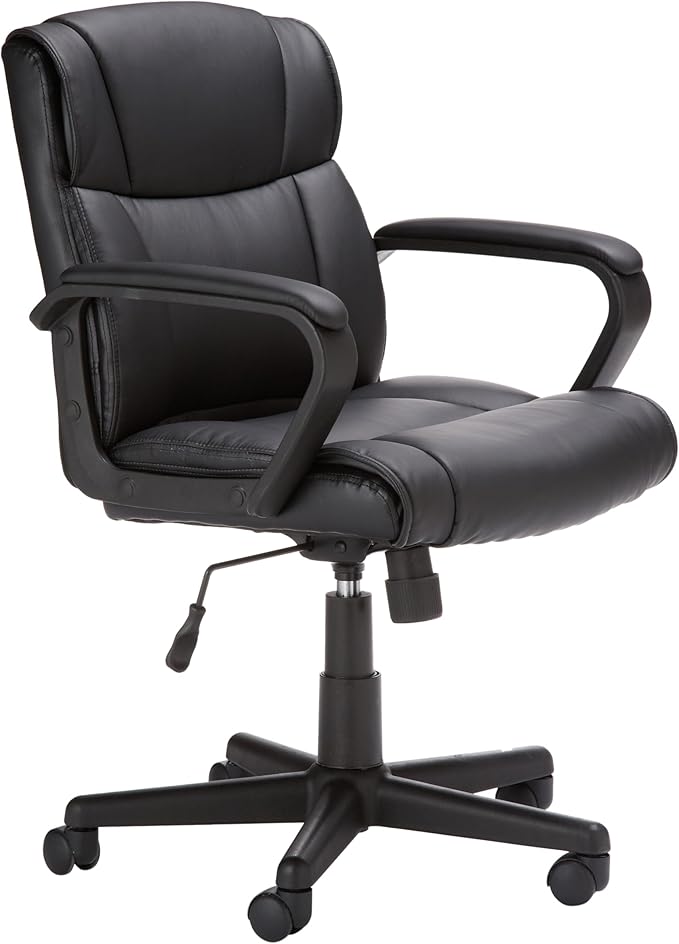 Amazon Basics Office Task Chair with Adjustable Height, 360° Swivel, Padded Armrests, Mid-Back, Rolling, 275 Pound Capacity, 24.2"D x 24"W x 34.8"H, Black Faux Leather