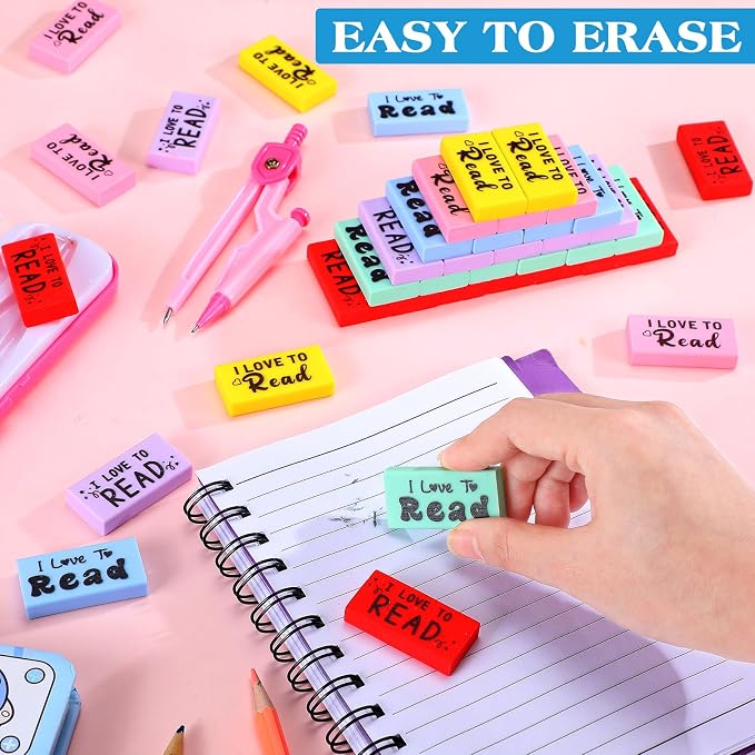Dunzoom 100 Pcs Inspirational Erasers for Kids Back to School Gifts I Love to Read Small Colorful Pencil Erasers for Students Classroom Cute Motivational Gift for Drawing School Office Supplies