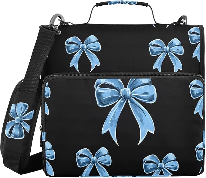 Blue Bow Print 3 Ring Zipper Binder Bag Binder Organizer with Handle Shoulder Strap for School Work Office Supplies