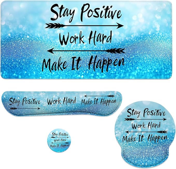 Motivational Quote Mouse Pad Set Stay Positive Work Hard Blue Gaming Mousepad 4in1 Desk Mat for Desktop Anti-Slip XXL Big Computer Ergonomic Mousepad with Wrist Support for Keyboard and Mouse