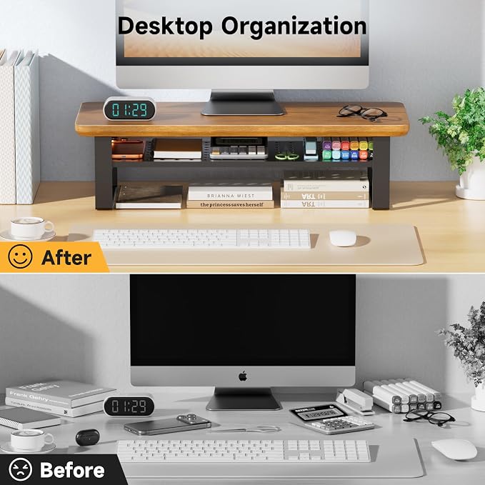 Monitor Stand Riser, 24 Inch Computer Monitor Stand for Desk, 2-Tier Wood Desk Shelf Organizer with Storage, Desktop Stand for Laptop/Screen/PC/Printer, Ergonomic Home Office Monitor Stand
