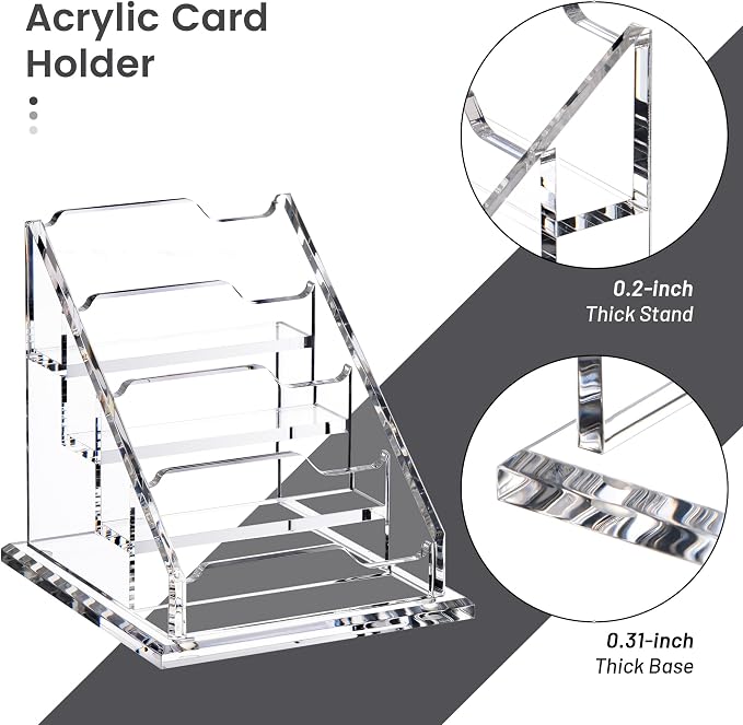 HeZone Acrylic Card Holder Clear Horizontal Business Card Organizer Stand for Desk 4 Slots 4 Tier Business Cards Stand for Women and Men,Office Desk Accessories,Organize 200 Cards-1 Pack(4Slots-H)