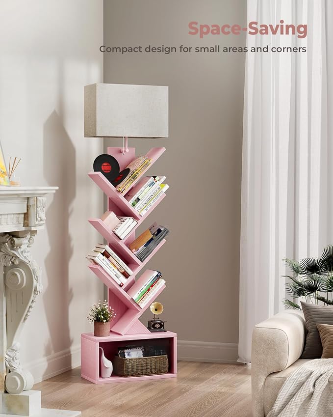 Evermagin 6 Tier Tree Bookshelf with Light, Bookcase, Pink | Narrow Tower Design, Storage Cabinet for Book Organization, Tall Floor Standing Use, Living Room, Bedroom and Home Office