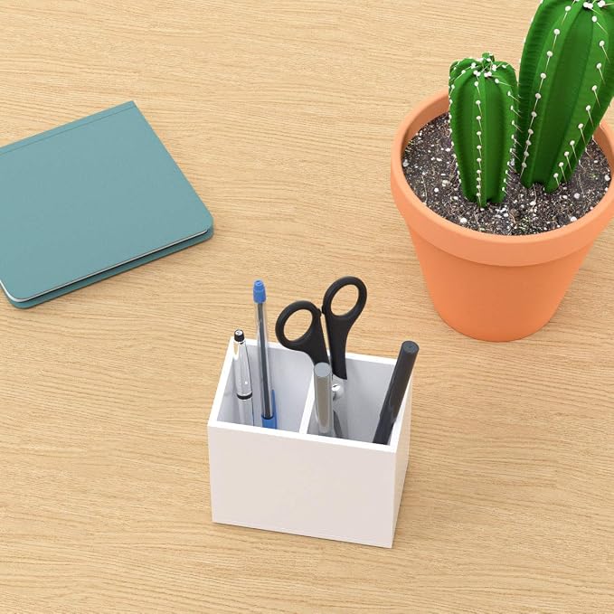 NIUBEE White Acrylic Pen Holder 2 Compartments, Desk Office Pencil Cup Desk
