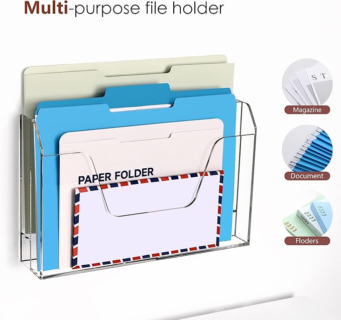 DINGHUO Wall Hanging File Organizer, Acrylic Mail Organizer wall mounted File Holder, Clear 2 Tier Folder Paper Document Magazine Rack for Desk Office School Home - 1 Pack