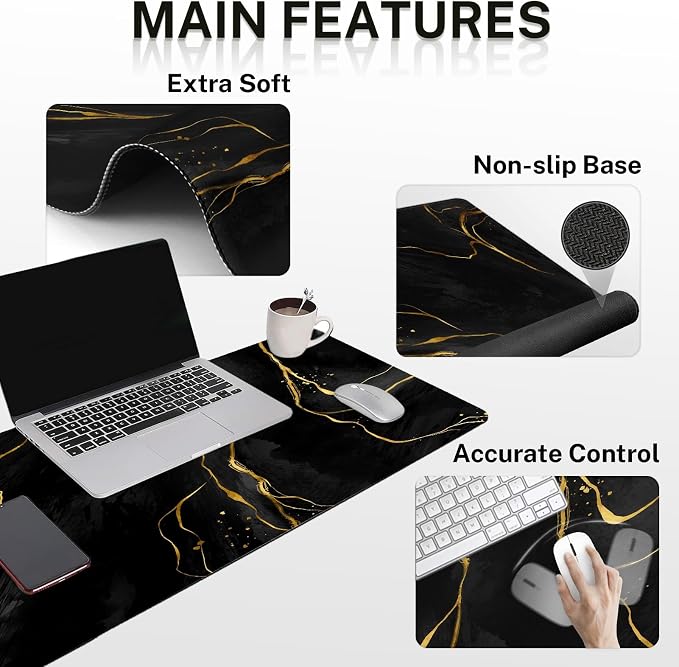 Keyboard Mouse Pad Set, 4 in 1 Desk Mat Set, Marble Black Gold | Large Mousepad+Keyboard Wrist Rest+Mouse Wrist Rest+Coaster Ergonomic Design for Home Office Computer
