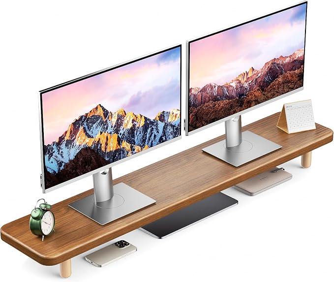 Dual Monitor Stand Riser, 39 Inch Extra Long Wooden Desktop Monitor Riser with Storage for 2 Monitors Ultra Strong Desk Shelf Organizer Riser Ergonomic for 2 Screens/Laptop/PC/TV/Printer (Walut brown, 39inches)