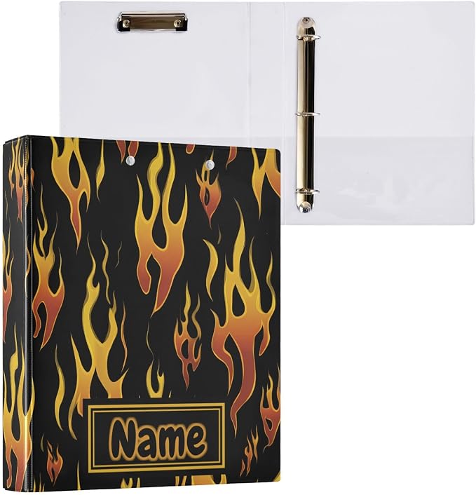 Custom 3 Ring Binder Yellow Orange Fire Flames 1.5" Round Ring Binders Personalized Name View Binder with 200 Sheet for Kids School Supplies Women Men Office, 1 Pack