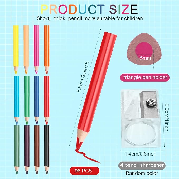 Spakon 96 Pcs Colored Pencil Bulk, 12 Colors, 3.5 Inch Short Fat Pencil