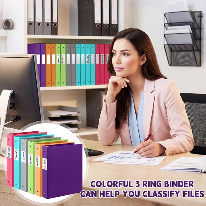 Henoyso 1 Inch 3 Ring Colored Binders Soft Flexible, 8.5'' x 11'' Plastic Floppy Binders Bendable with 2 Pockets, Colorful Binder Bulk for School Office Business ，12 Pack (Assorted Stylish Color)