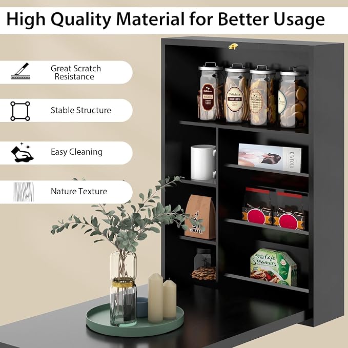 LDAILY LUARANE Wall Mounted Table, Foldable Multiple-Purpose Desk, Fold Out Wood Convertible Writing Desk Bookshelf Cabinet, Large Storage Space, Ideal for Home Office Study (Black)