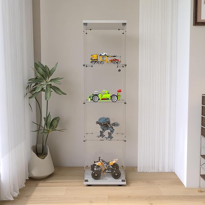 Frameless Glass Display Cabinet, Curio Cabinet Display Case with Lock and Glass Door, Quick-Install Floor Standing Showcase Display Shelf for Collectibles, Legos, Figures, Plants