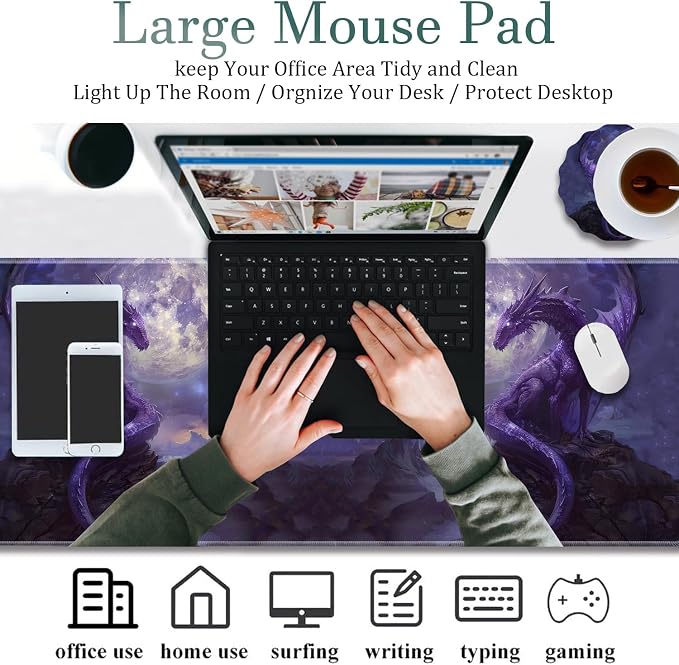 Extended Gaming Mouse Pad 31.5" x 11.8", with Edge Stitching, Non-Slip Rubber Base Keyboard Pad, Suitable for Work, Game, Office, Home and Coasters, Starry Purple Dragon