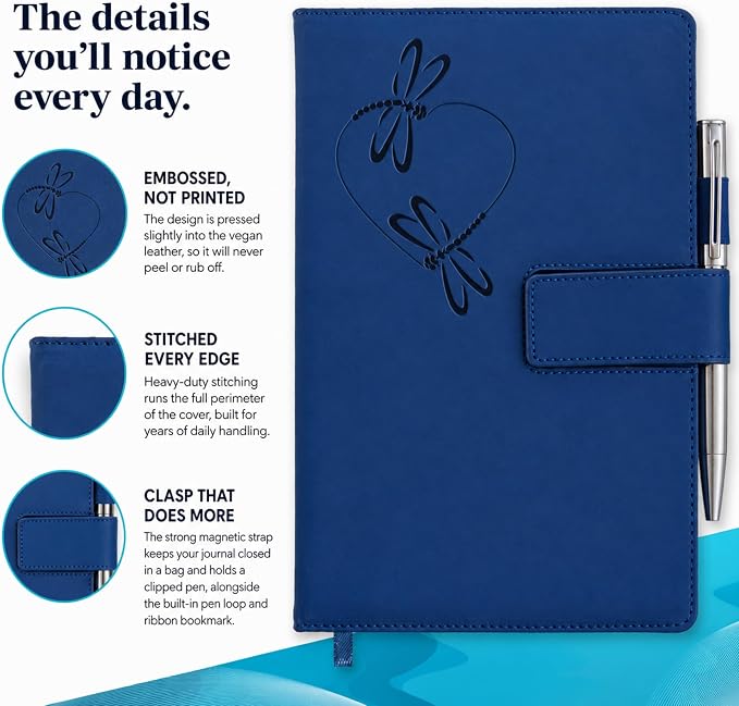 The Amazing Office Dragonfly Heart Refillable Journal, Blue Faux Leather, 200 Lined Pages, 5.75x8.5 Inch Notebook with Magnetic Clasp and Pen Holder, Writing Diary for Women and Men