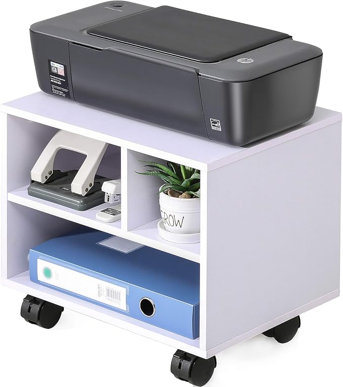 FITUEYES Printer Stand Under Desk, Small Wood Mobile Printer Table, White | Work Cart on Removable Casters, with 3 Storage Organizer Compartments for Home Office, 15.7 in. W x 11.8 in. D x 13.8 in. H