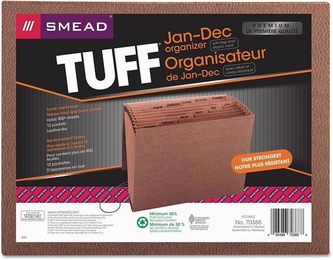 Smead TUFF Expanding File, 12 Pockets, Monthly (Jan.-Dec.), Flap and Cord Closure, Letter Size, Redrope (70388) (Pack of 5)