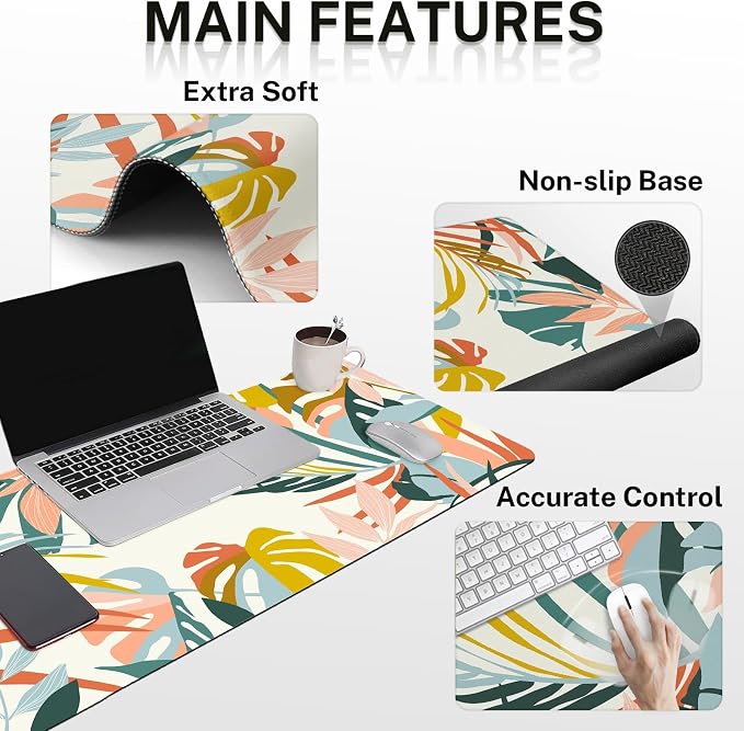 Keyboard Mouse Pad Set, 4 in 1 Desk Mat Set, Bohemian Rainforest | Boho Tropical Large Mousepad+Keyboard Wrist Rest+Mouse Wrist Rest+Coaster Ergonomic Design for Home Office Computer