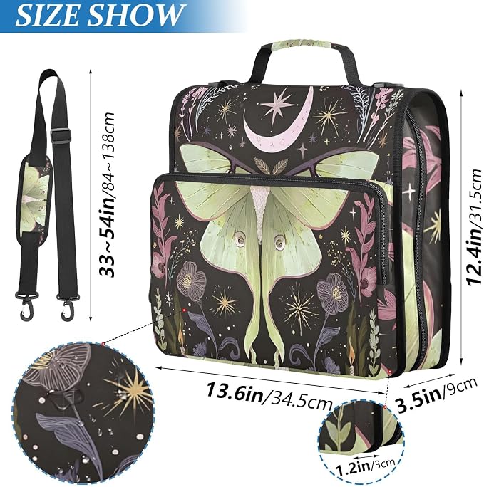 3 Ring Zipper Binder with Shoulder Strap Green Luna Moth Flowers Moon Stars 1.5 inch Binders Keeper Large Capacity Multi Pockets for School Office Supplies