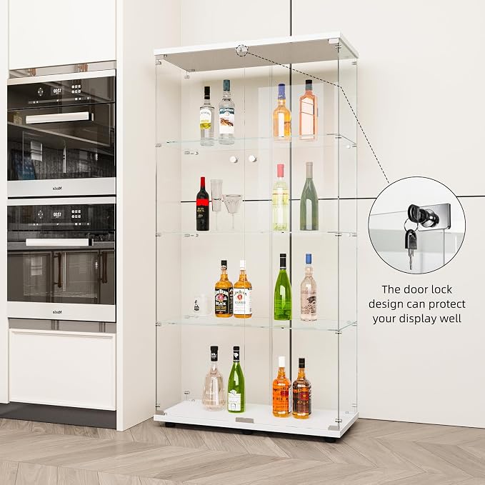 FLYMUHJIA Glass Display Cabinet Kitchen Pantry Storage Cabinet Corner Bar Cabinet with Four Level Double-Door, 64”hx32''lx 14''w White