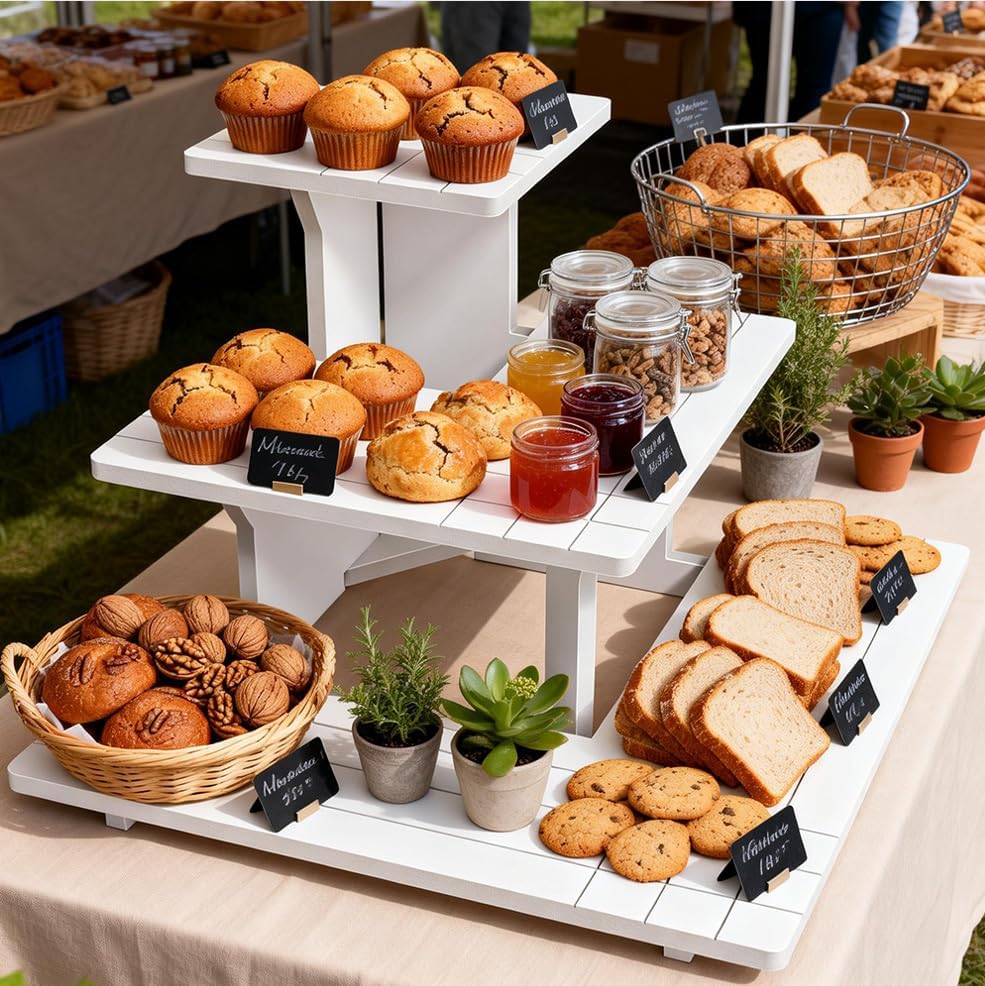3-Tier Corner Display Stand for Vendors, White PVC Retail Tabletop Shelves