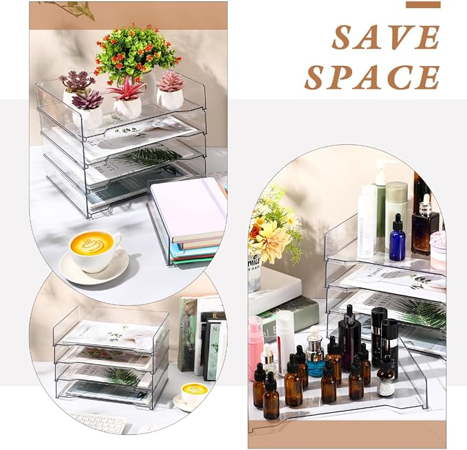 DoubleFill 12 Pcs Stackable Letter Tray Rectangular Plastic Desk Organizer 13 x 9.5 x 2.6 in Paper Holder File Tray Accessories Rack for Desktop Office Desk Drawers (Clear)