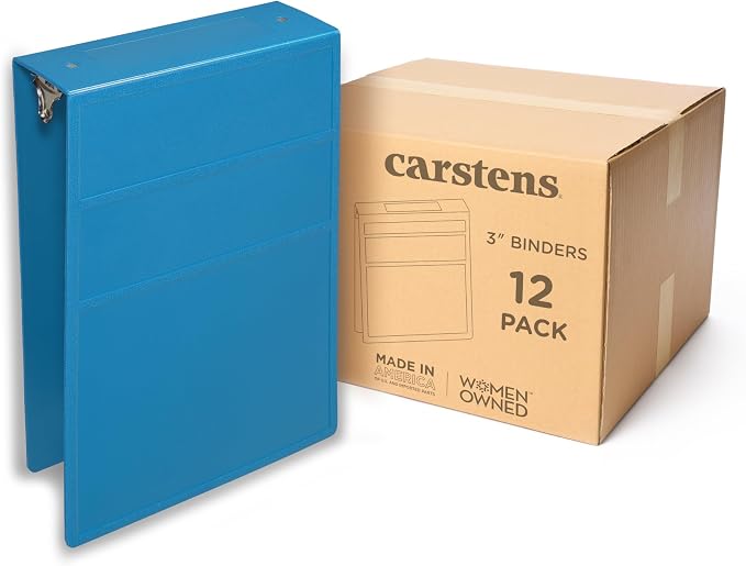 Carstens 3-Inch Heavy Duty 3-Ring Binder - Top Opening, Pool Blue, Durable Plastic, No-Gap Rings, Waterproof Cover, No Pockets, Holds 400 US Letter Sheets, BPA-Free, Made in USA (1705-3R), Case of 12