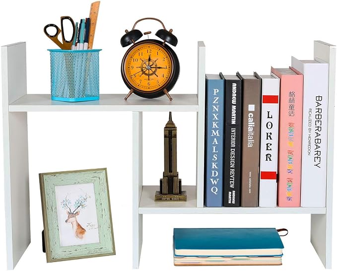 Adjustable Desktop Shelf Wood Small Bookshelf Desk Supplies Organizers and Accessories Storage Display Rack Office Decor, White