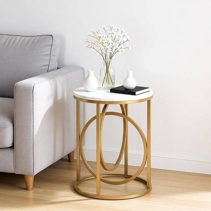 LITTLE TREE 20” Round End Table，Modern Sofa Side Table with Gold O-Shaped Base, Faux Marble White Cocktail Table Accent Table Nightstand for Living Room Bedroom