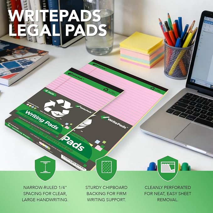 KAISA Colored Legal Pads - 5"x8" Narrow Ruled, 50 Sheets/Pad (8 Pads), Recycled Paper Writing Pad with Sturdy Back, Small Size for Easy Organization and Portability, KSU-6887