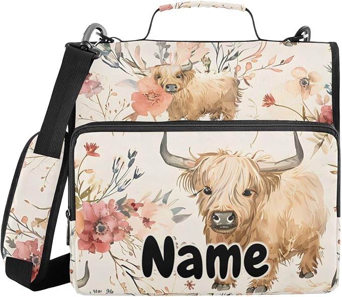 Custom Cute Highland Cows Flowers 3 Ring Binder Bag 1.5 inch Personalized Name Binder Organizer 500 Sheet Documents Storage for School Office