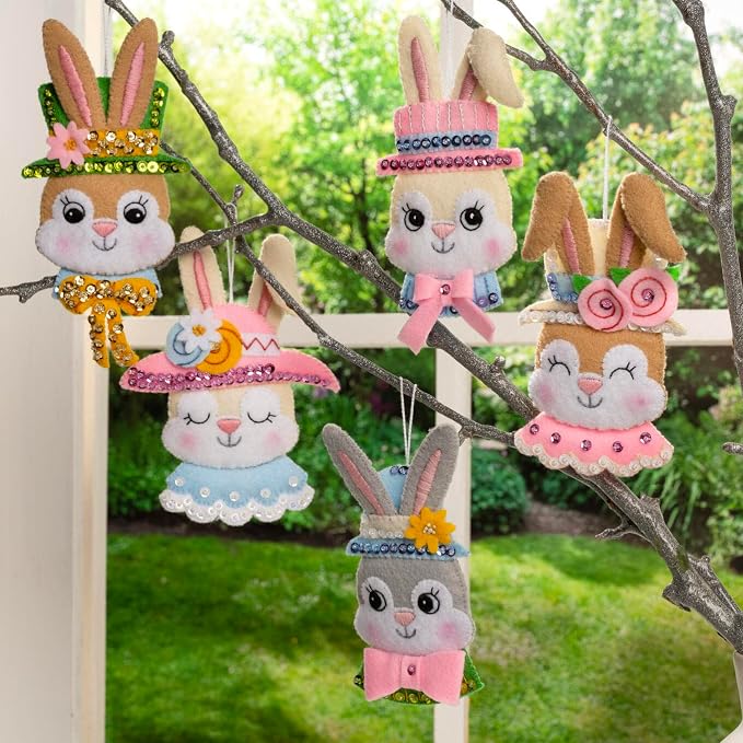 Bucilla Felt Applique 6 Piece Ornament Making Kit, Easter Bonnet Parade, Perfect for DIY Arts and Crafts, 89578E