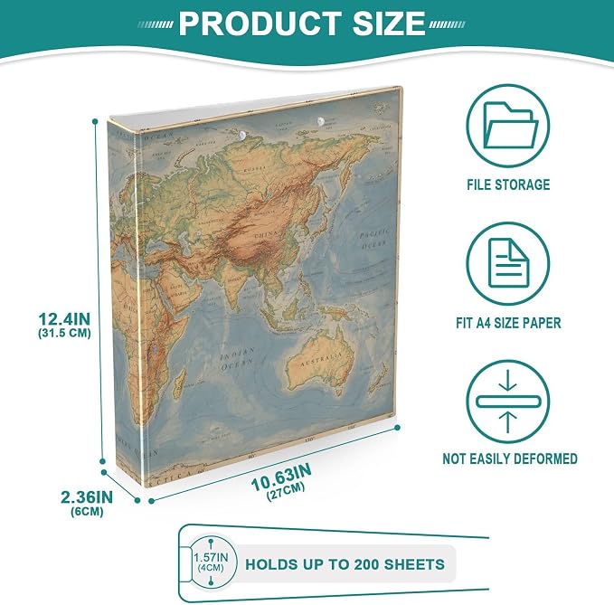 Retro World Map Continents 3 Ring Binder with 2 Interior Pockets 1.5 inch Binders 3 Ring Heavy Duty Fit 8.5" x 11" Letter Size for Office School, 2 Pack