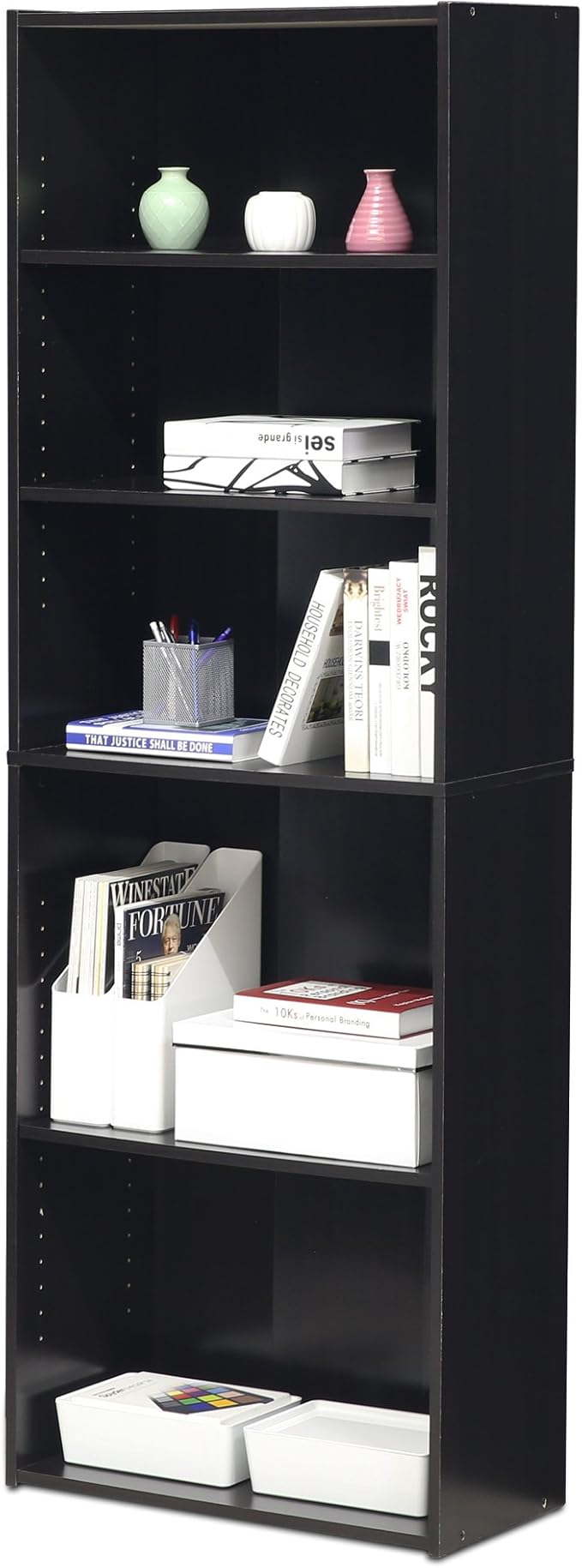FURINNO Wright 5-Shelf Bookcase, Cinnamon Cherry | 11.6 x 24.6 x 71.3, Open Shelf, for Living Room, Bedroom, Home Office