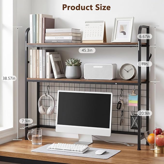 2-Tier Desktop Bookshelf Organizer, Dorm Desk Hutch with DIY Grid | Desktop Bookshelf Organizer With Metal Grid Panel, Desktop Bookshelf Organizer For Dorm, Office Or Home, Rustic Brown