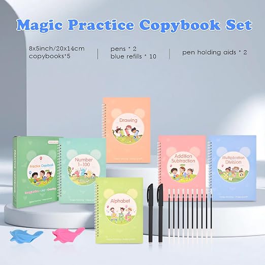 Magic Grooved Writing Practice for Kids Ages 3-8|Reusable Tracing Workbook|Magic Copybook Set with Disappearing Ink Pens for Preschool Learning