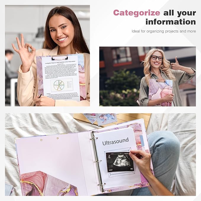 Ospelelf 3 Ring Binder 1.5 Inch, Pink Clipboard Organizer for Letter Size Documents (11" x 8.5") with 5 Tab Dividers, File Folder Labels, Paper Marble Binders for School and Office Supplies