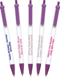 USA Made, Personalized Writing Ink Ballpoint Novelty Pens, Custom Printed with Your Logo & Text (Pack of 500 White Pens with Purple Trim)