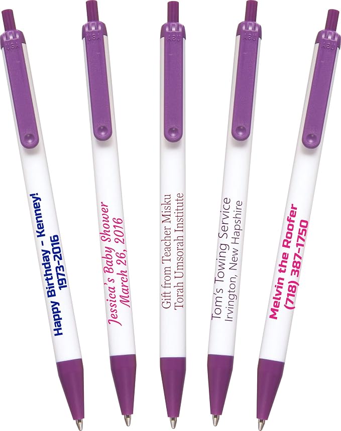 USA Made, Personalized Writing Ink Ballpoint Novelty Pens, Custom Printed with Your Logo & Text (Pack of 100 White Pens with Purple Trim)