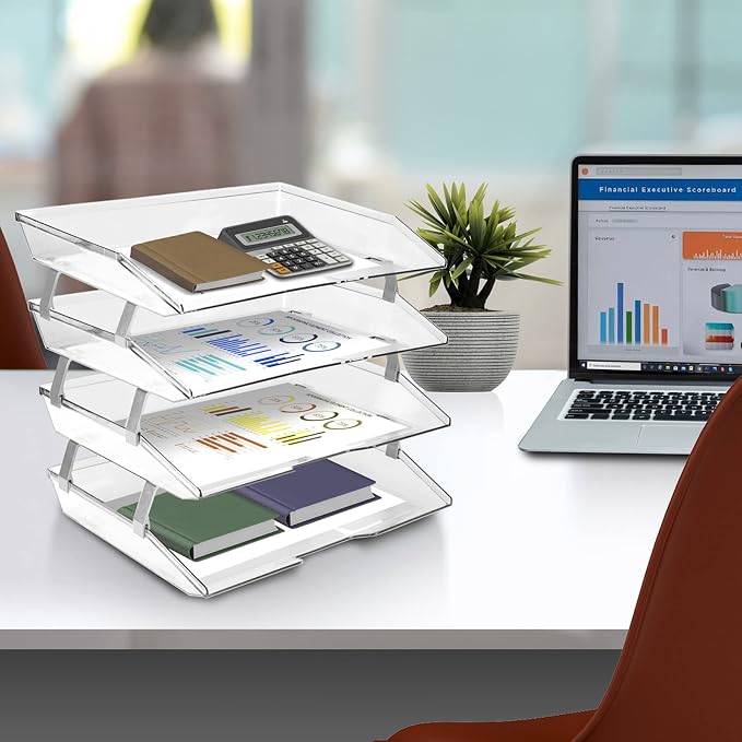 Acrimet 4-Tier Paper Letter Tray, Desk File Organizer, Plastic, Clear | Heavy-Duty, Large-Capacity