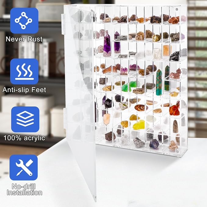 Adjustable Seashell Display Case Box Large Rock Fossil Arrowhead Case | Crystal Organizer Clear Wall Mounted & Desktop 56 Room Shadow Box for Mini Pop Figure, Collectibles, with Mirrored & Lid